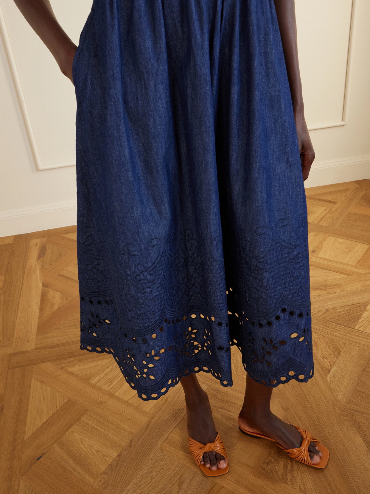 Zimmermann Mohan Broderie Anglaise Trim Denim Midi Dress In Blue
