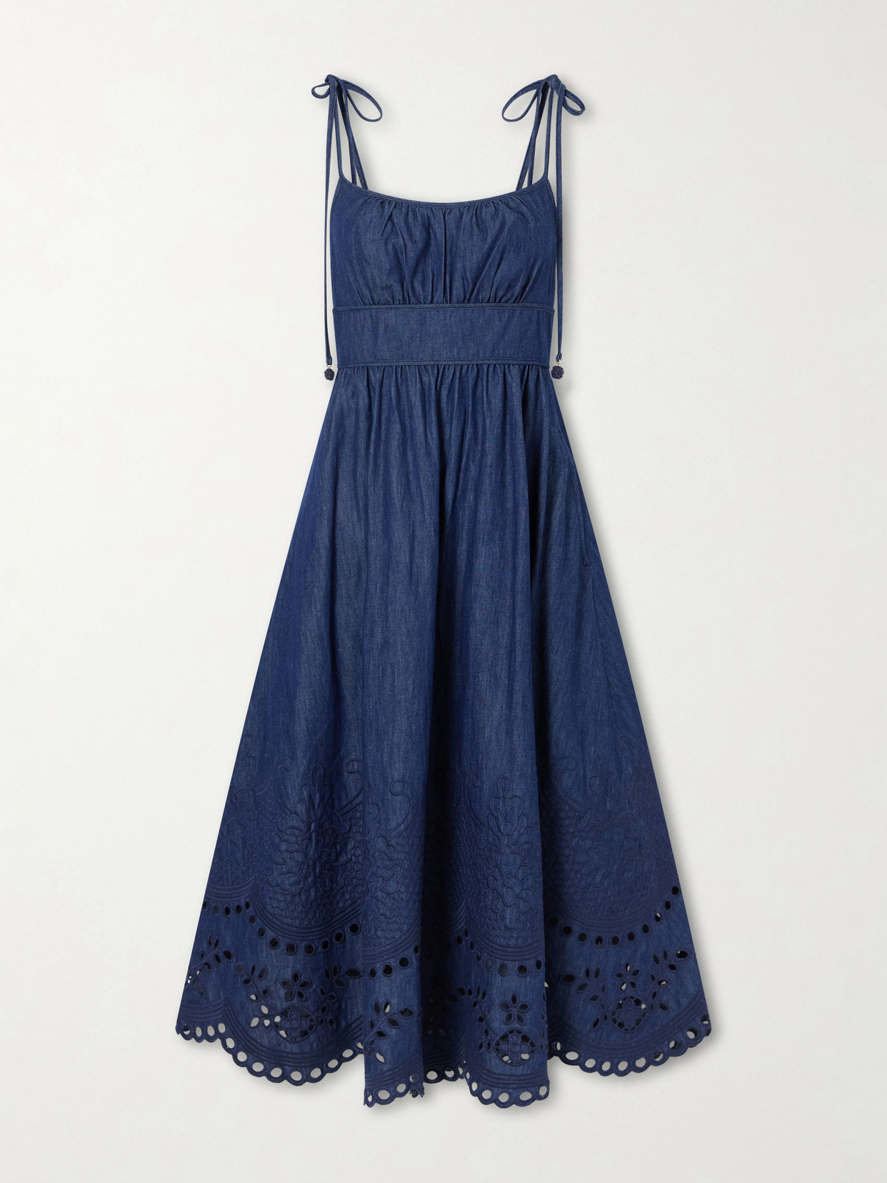 Zimmermann Mohan Broderie Anglaise Trim Denim Midi Dress In Blue