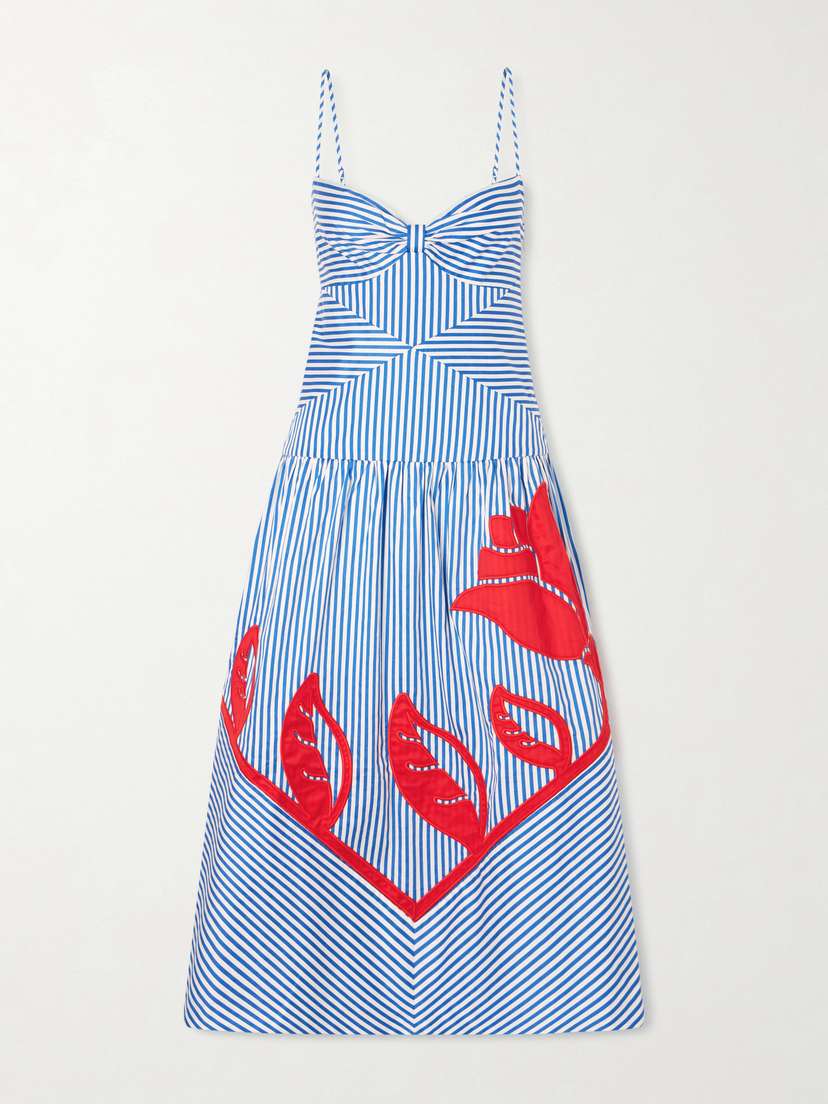 Farm Rio Sky Striped Embroidered Cotton Poplin Midi Dress
