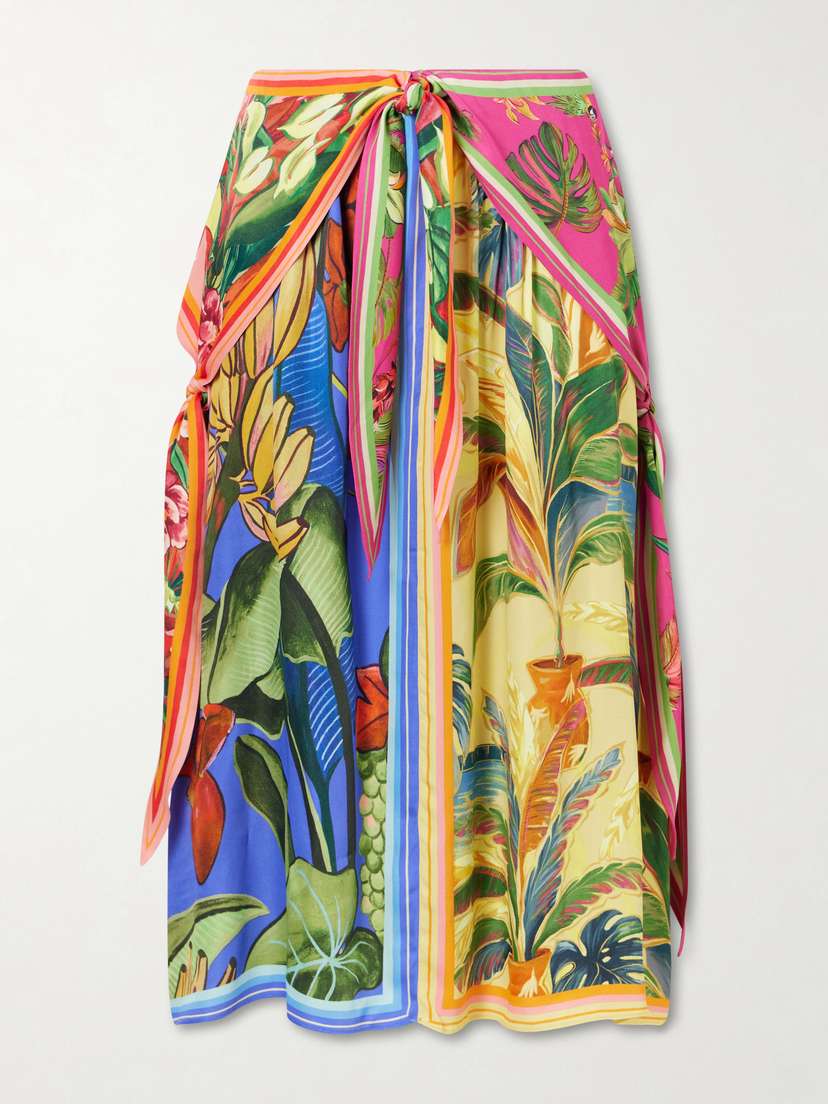 Farm Rio Rainbow Summer Printed Satin Midi Skirt