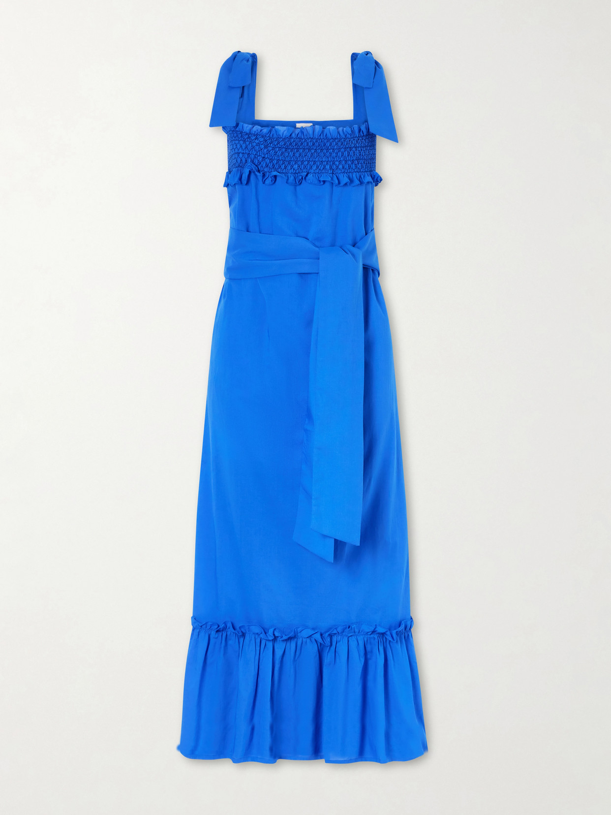 Loretta Caponi Armida Belted Ruffled Smocked Cotton-poplin Maxi Dress In Blue
