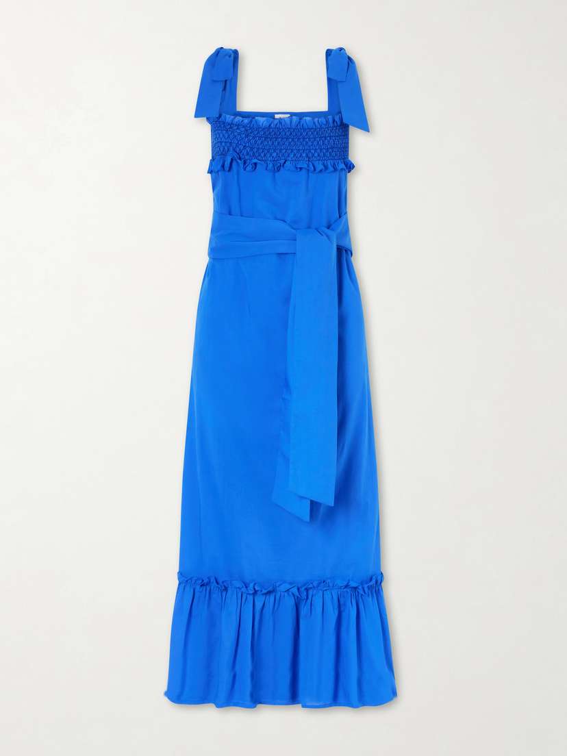 Loretta Caponi Armida Belted Ruffled Smocked Cotton-poplin Maxi Dress