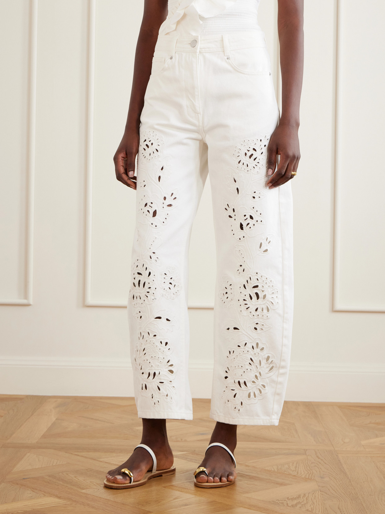 Richelieu Broderie Anglaise-Trimmed Mid-Rise Straight-Leg Jeans