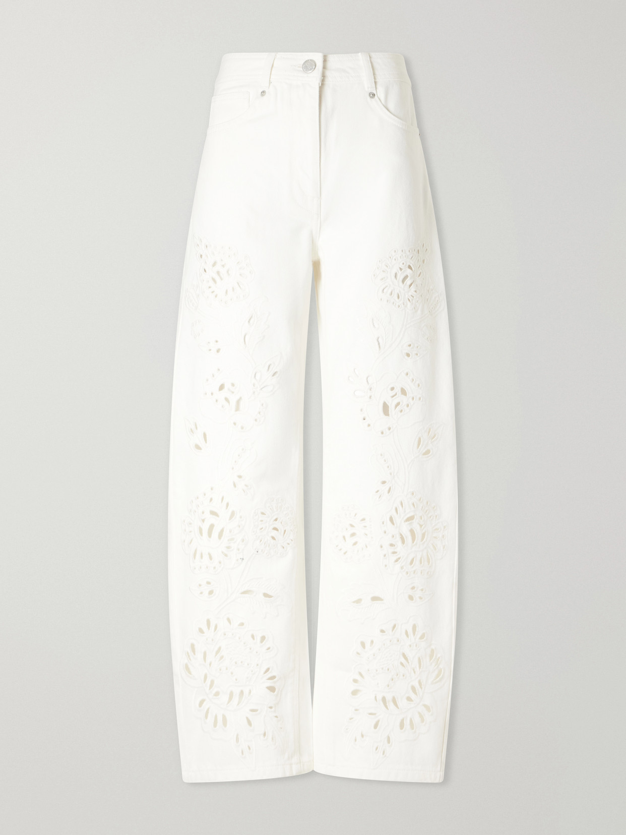 Farm Rio Richelieu Broderie Anglaise-trimmed Mid-rise Straight-leg Jeans In White