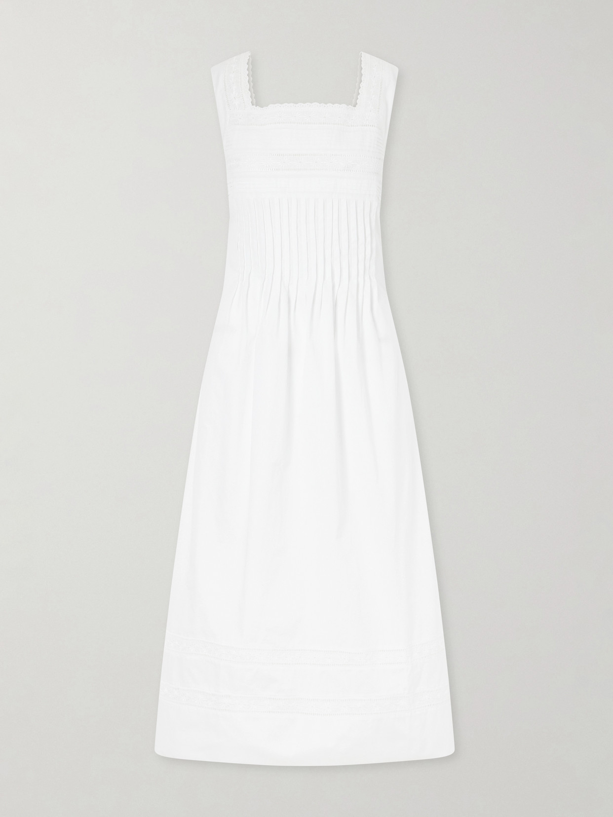 Loretta Caponi Lalla Ruched Broderie Anglaise-trimmed Cotton-poplin Maxi Dress In White
