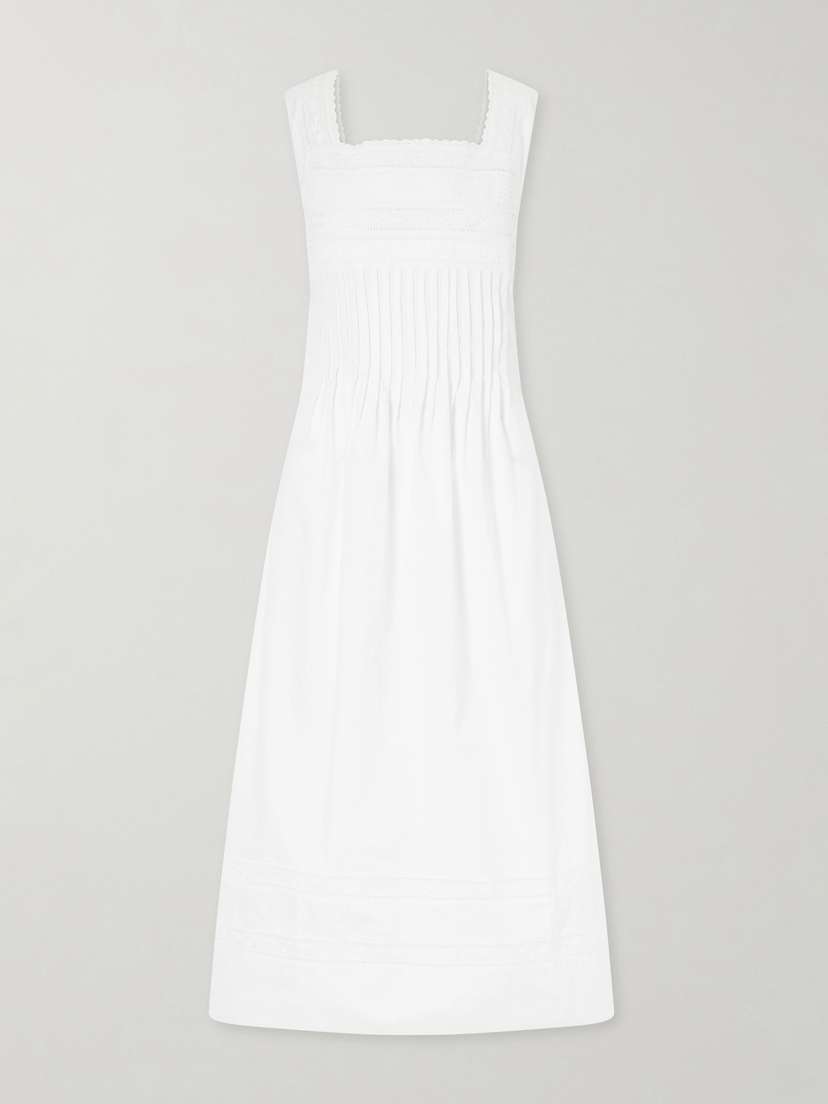 Loretta Caponi Lalla Ruched Broderie Anglaise-trimmed Cotton-poplin Maxi Dress