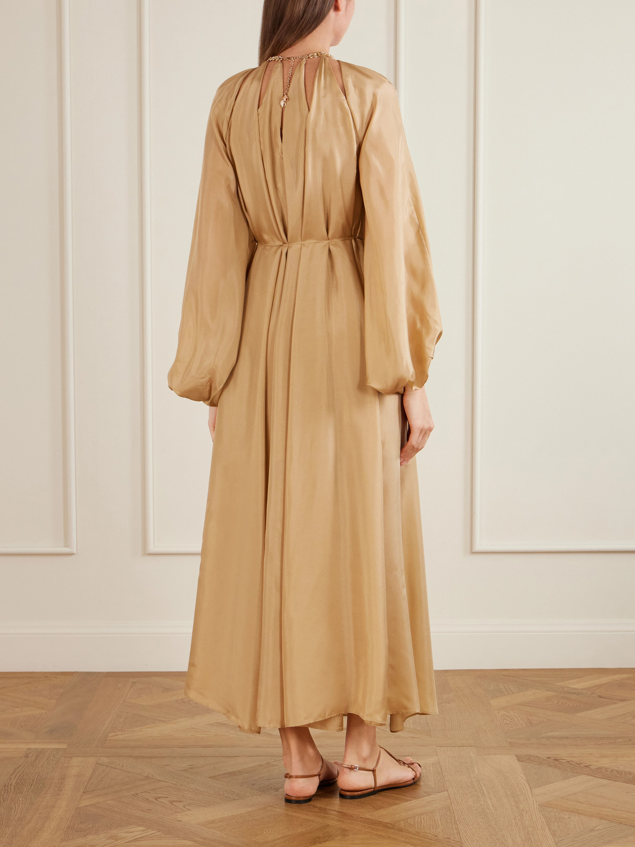 Zimmermann Silk Mini Dress With Billow Sleeves And Adjustable Chain In Gold