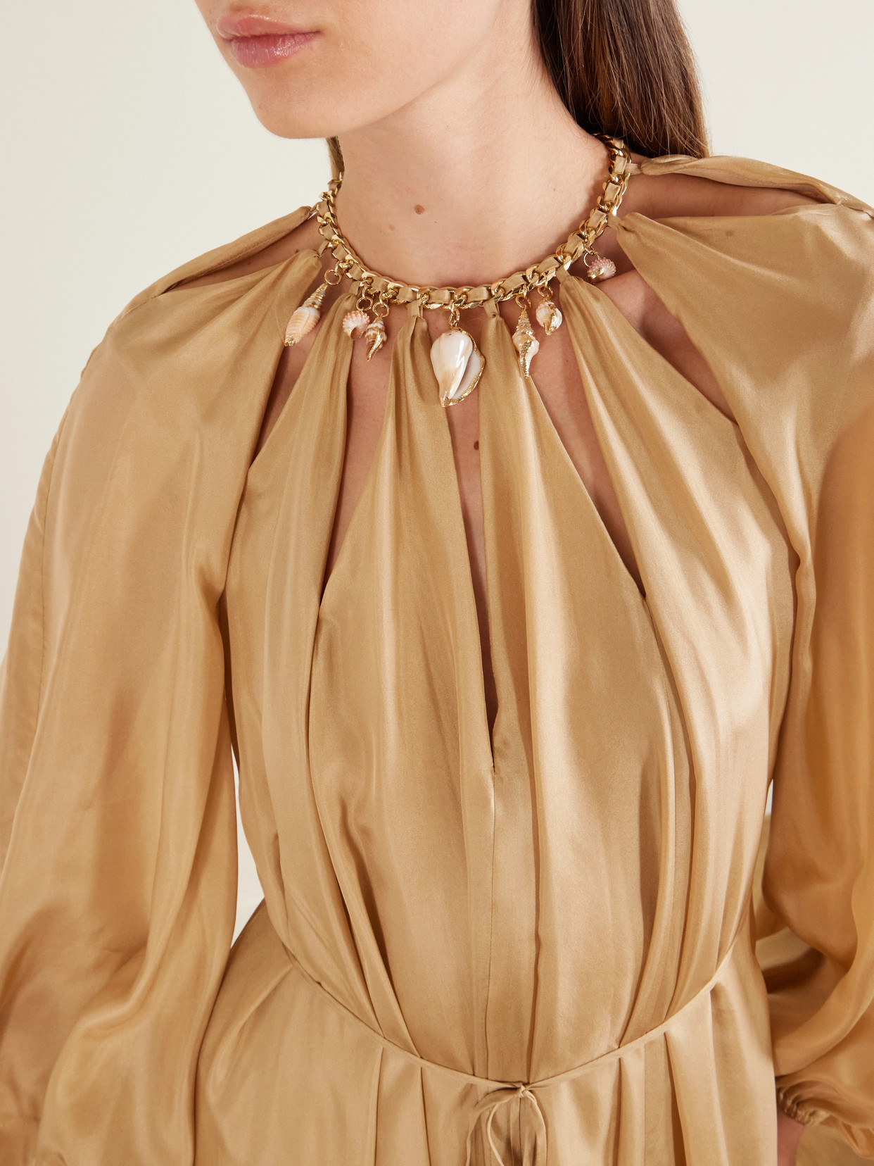 Zimmermann Silk Mini Dress With Billow Sleeves And Adjustable Chain In Gold