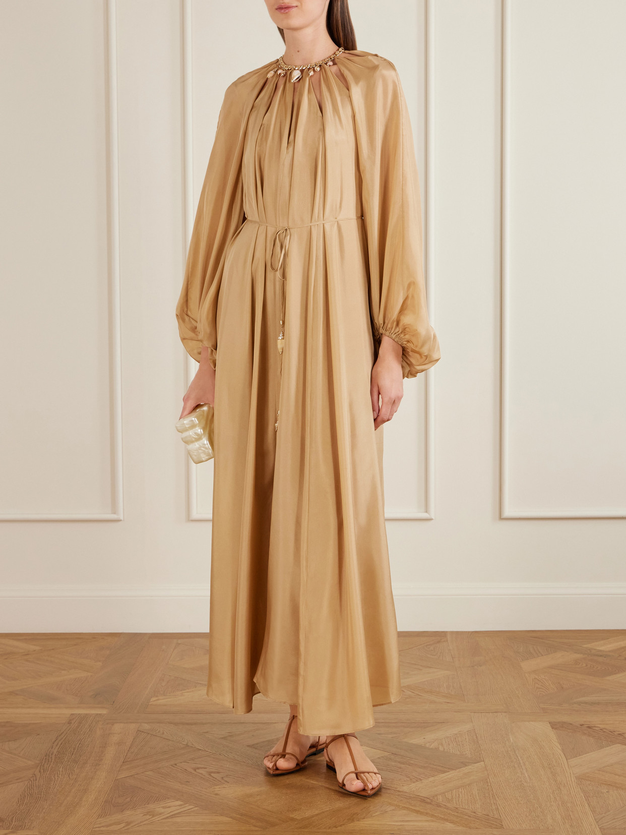 Zimmermann Silk Mini Dress With Billow Sleeves And Adjustable Chain In Gold