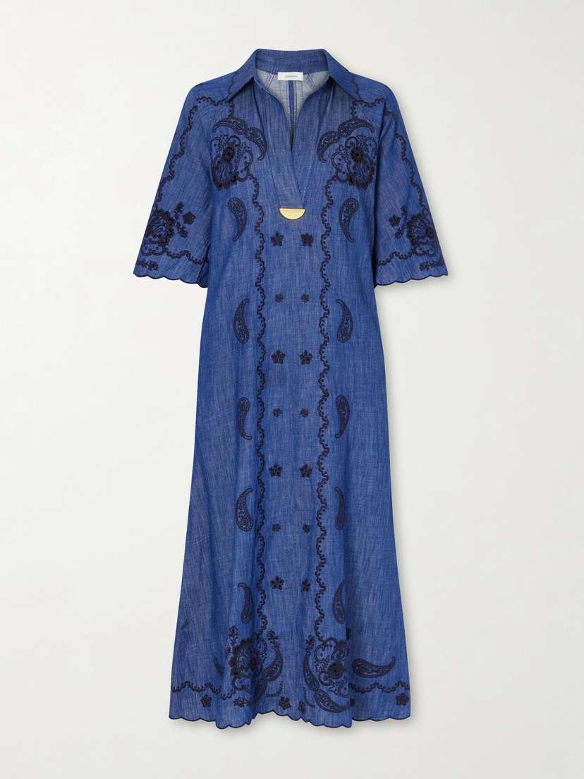 Zimmermann Aster Embroidered Denim Midi Dress