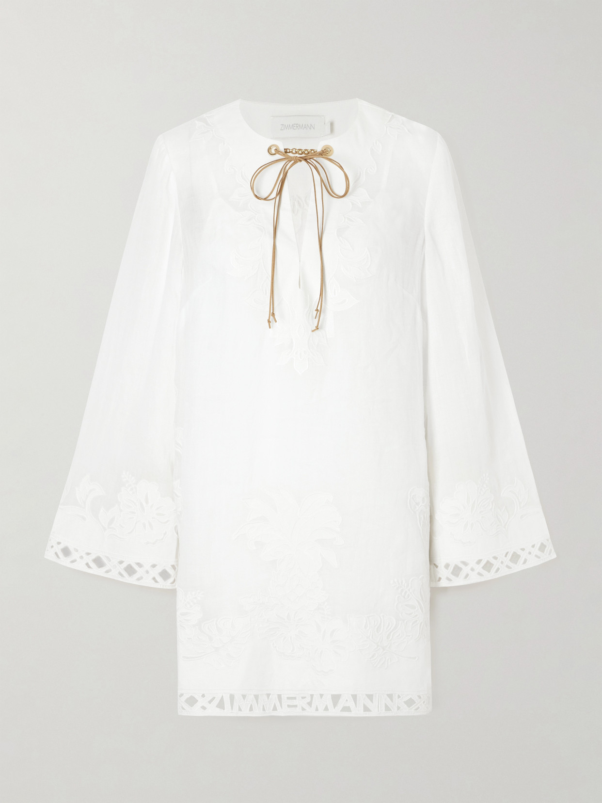 Zimmermann Indra Belted Embroidered Ramie Mini Dress In White