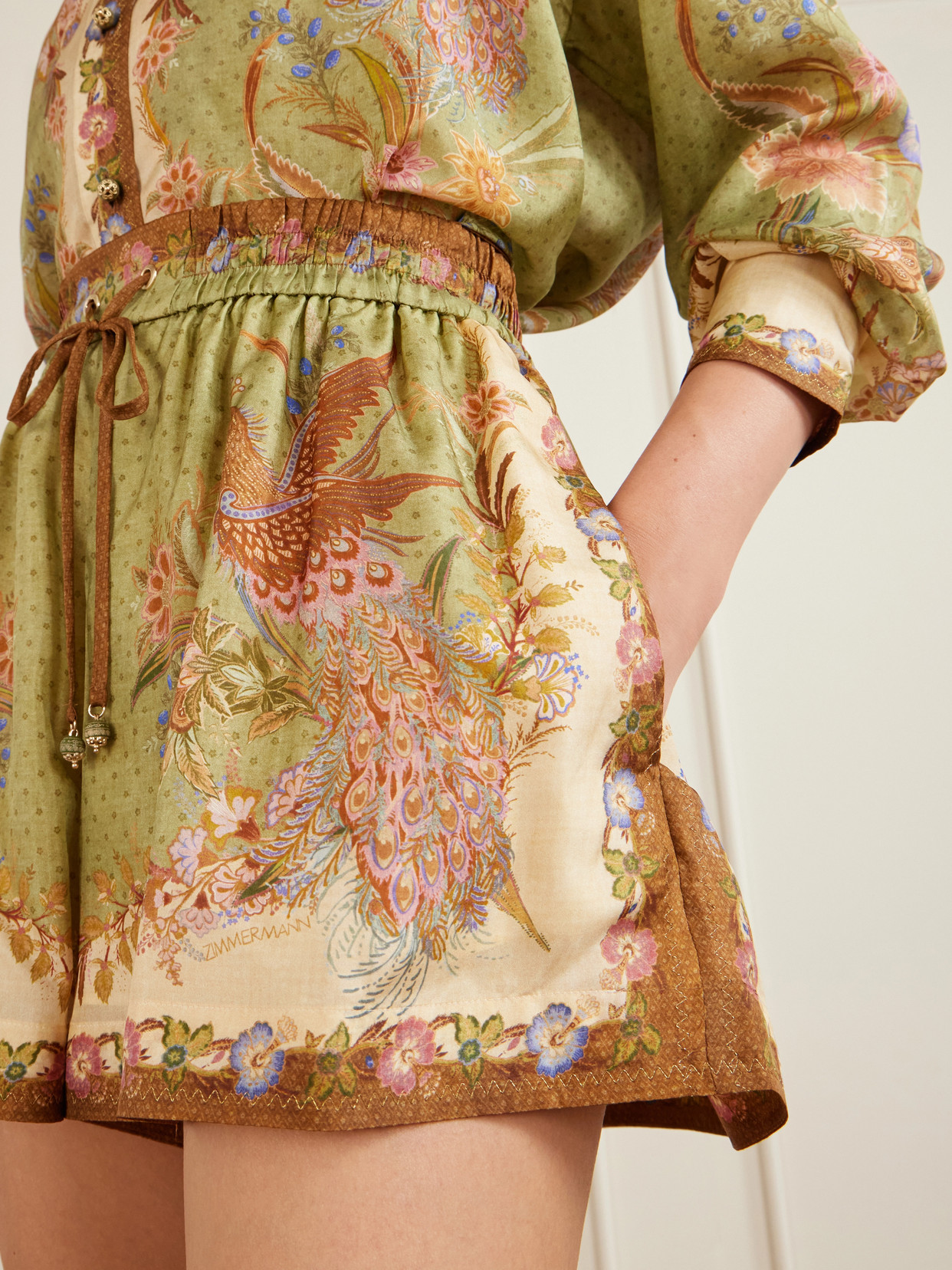 Zimmermann Indra Relaxed Silk Shorts Khaki Scarf Floral In Multi