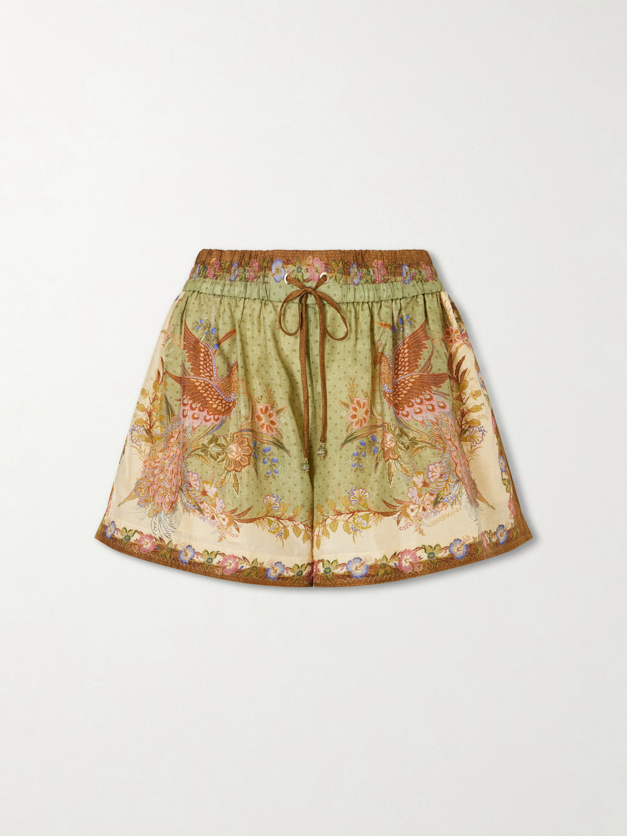 Zimmermann Indra Relaxed Silk Shorts Khaki Scarf Floral In Multi
