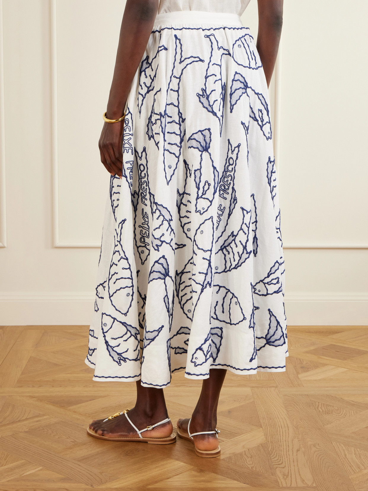 Fresh Fish Embroidered Linen-Blend Midi