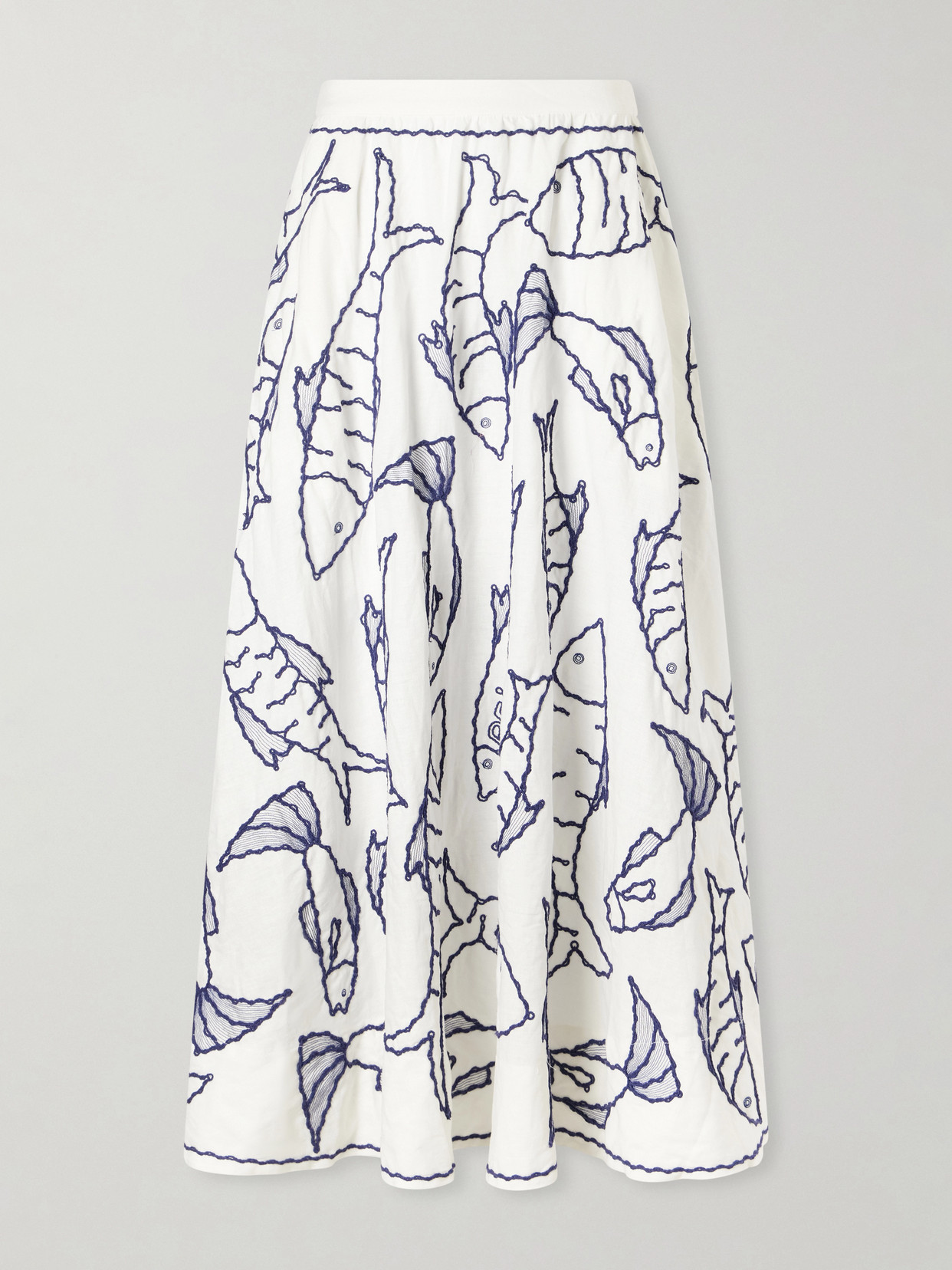 Farm Rio Fresh Fish Embroidered Linen-blend Midi Skirt In Neutral