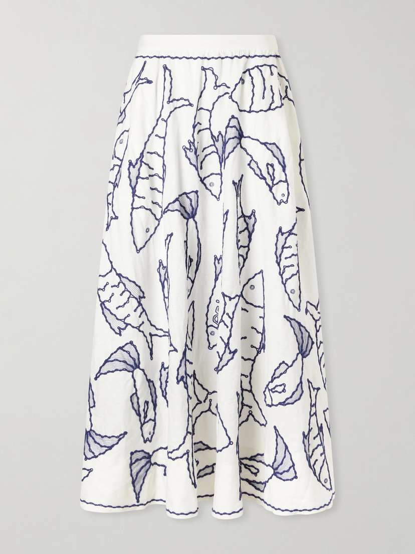 Farm Rio Fresh Fish Embroidered Linen-blend Midi Skirt - Women's Clothing