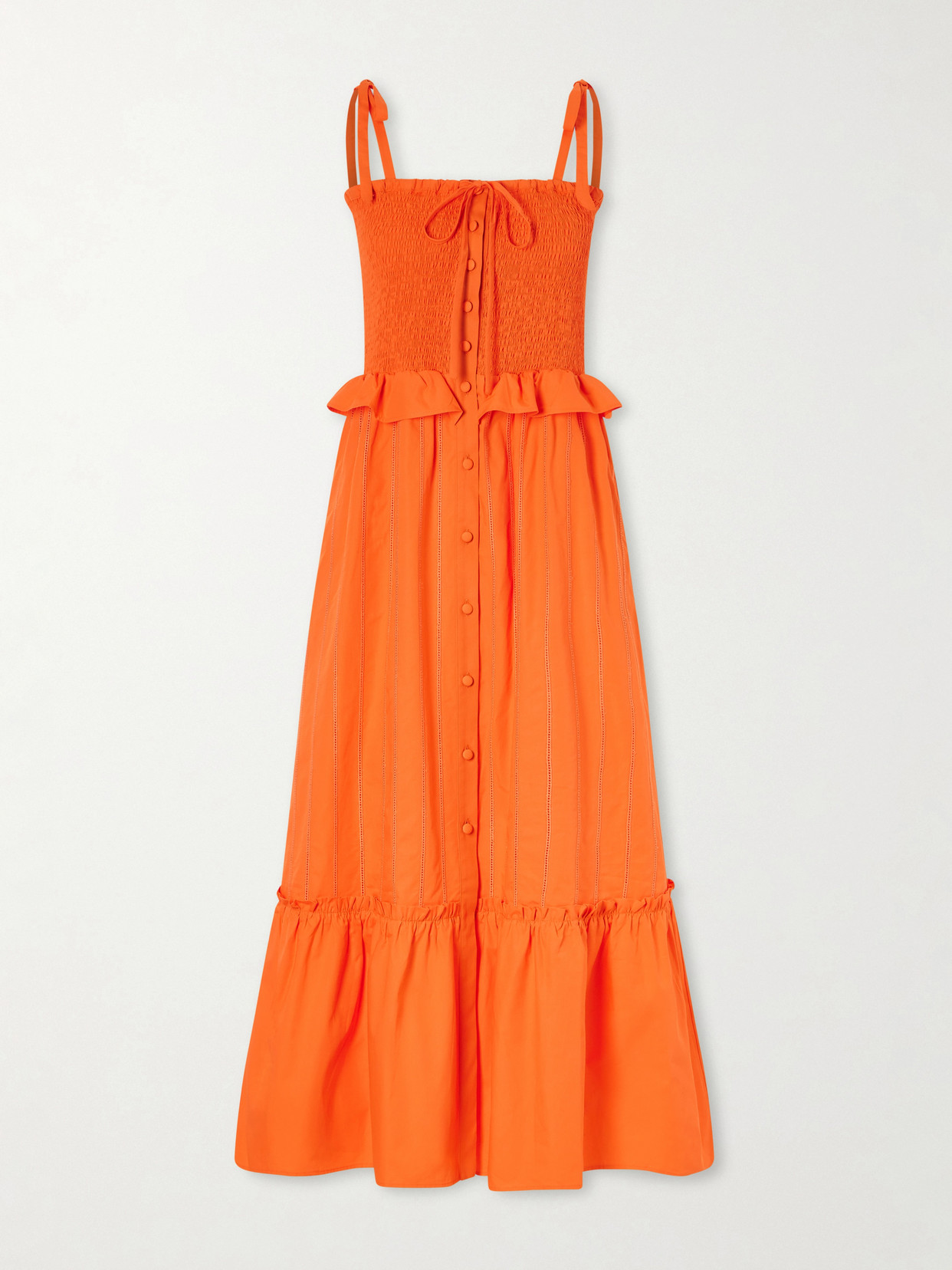 Loretta Caponi Alberica Ruffled Tiered Shirred Cotton-poplin Midi Dress In Orange