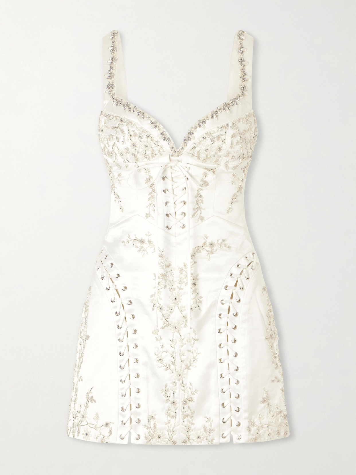 Clio Peppiatt Bridal Brigette Embellished Lace-up Satin Mini Dress In Neutral