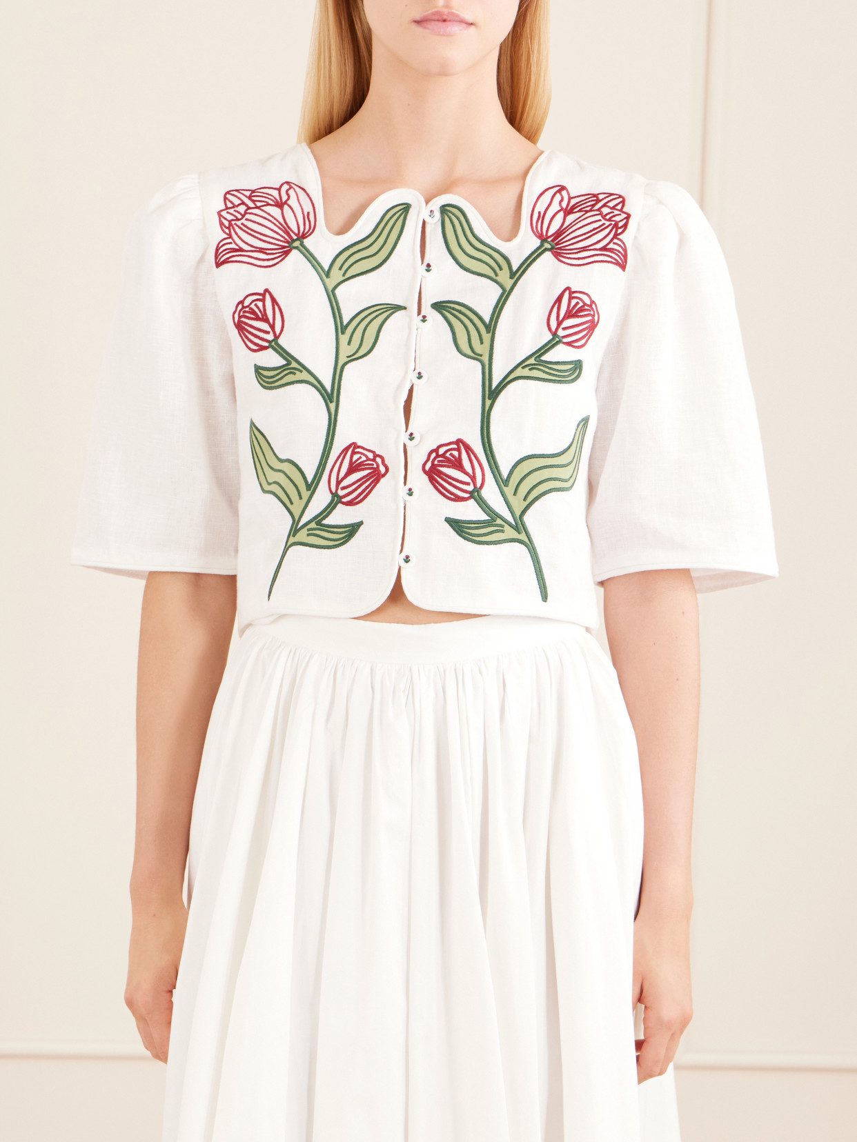 Floral-Embroidered Cropped Top