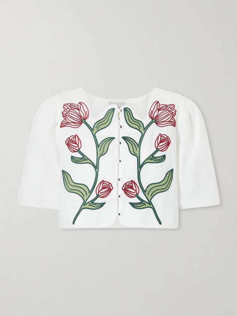 Farm Rio Floral-embroidered Cropped Linen Top