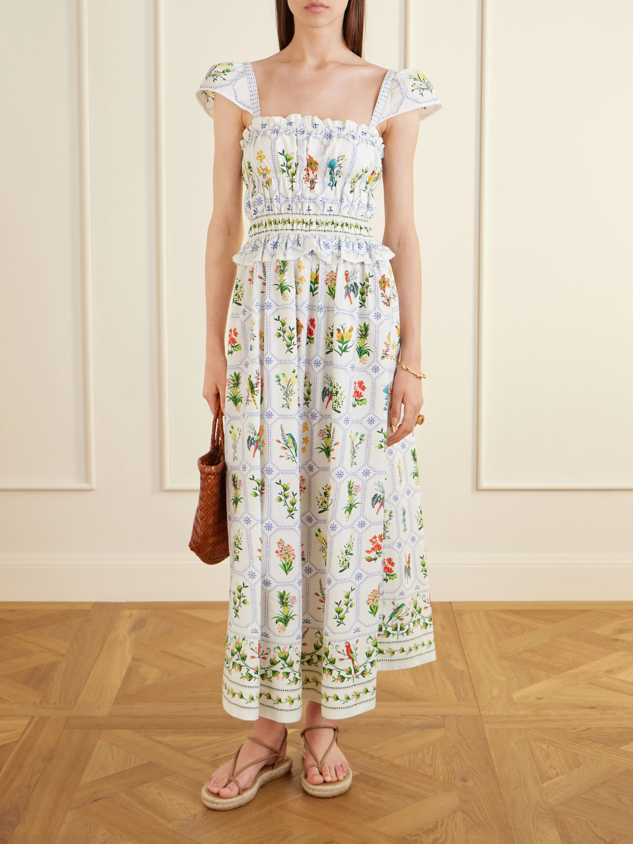 Farm Rio Off-white Tropical Porcelain Organic Cotton Maxi Dress In Multi