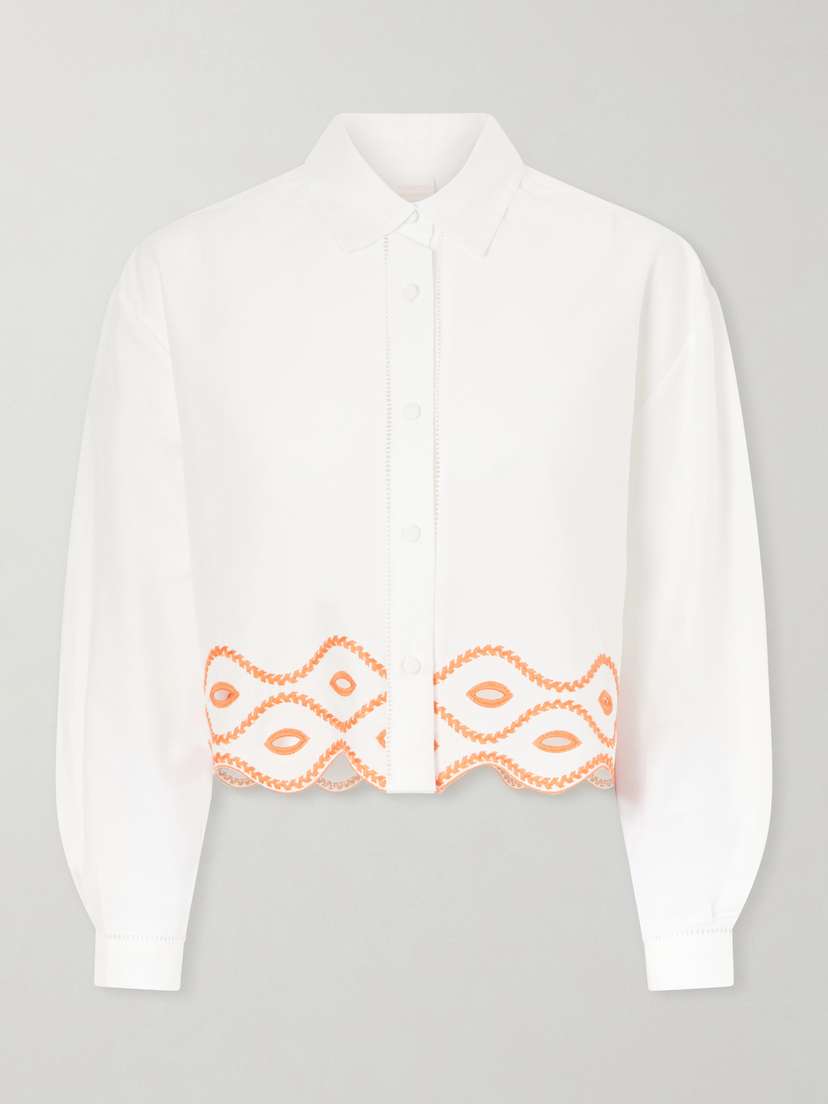 Loretta Caponi Assia Cropped Broderie Anglaise-trimmed Cotton-voile Shirt