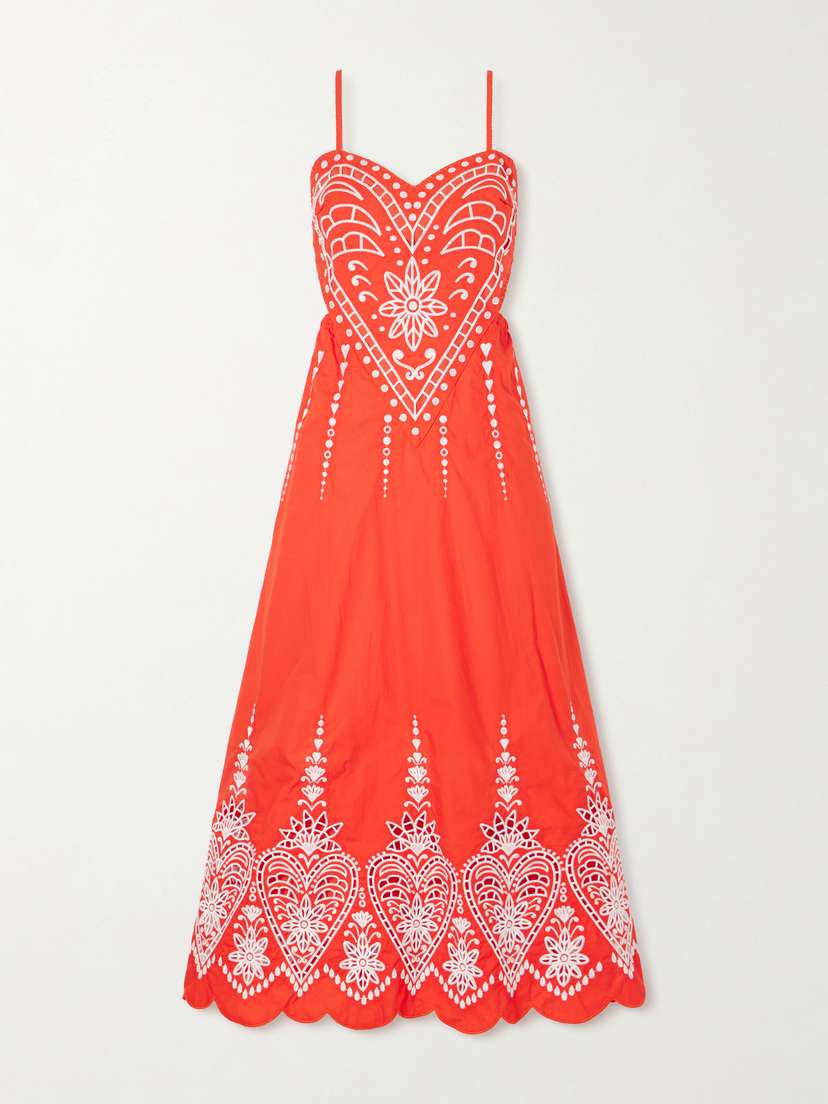 Farm Rio Heart Broderie Anglaise Cotton Midi Dress