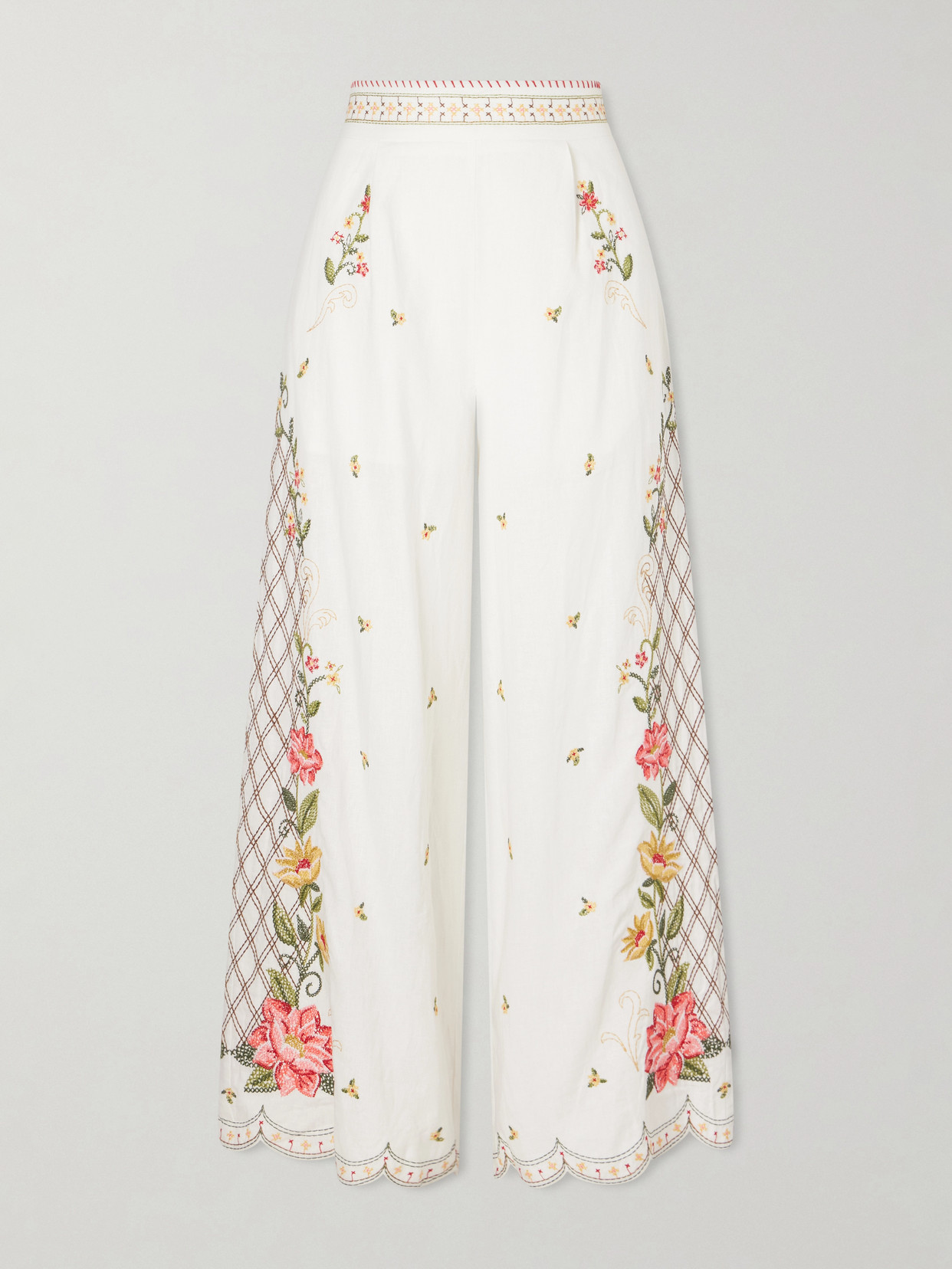 Farm Rio - Embroidered Linen-blend Wide-leg Pants - White
