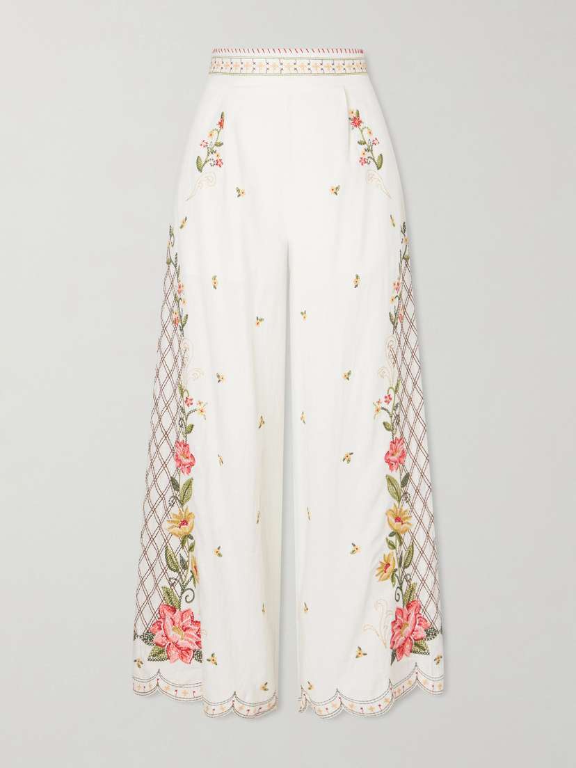 Farm Rio Embroidered Linen-blend Wide-leg Pants | Thumbnail 5