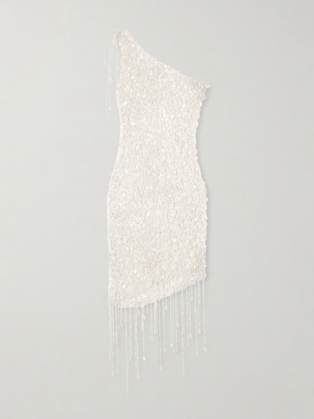 Clio Peppiatt Naia Asymmetric Embellished Open-knit Cotton Mini Dress In Neutral