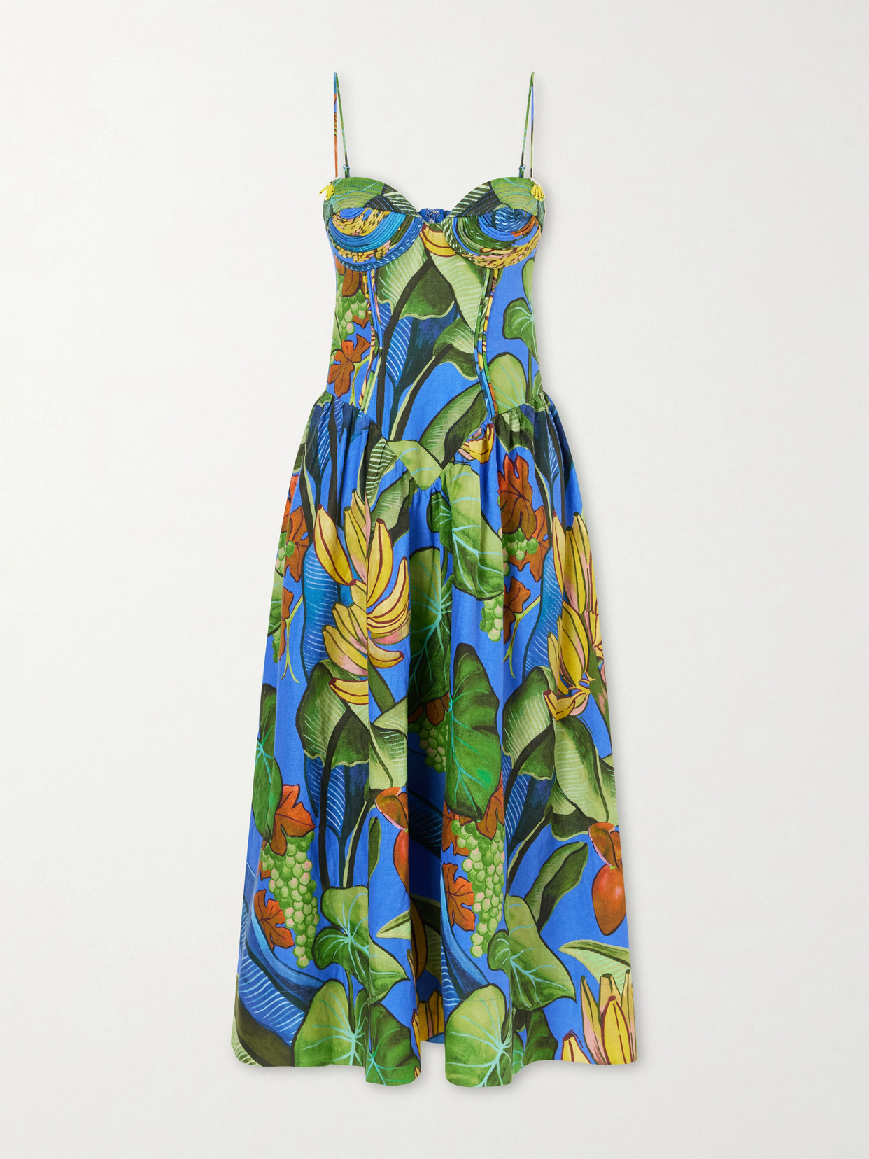 Farm Rio Blue Banana Grapes 3d Bodice Sleeveless Maxi Dress In Multi
