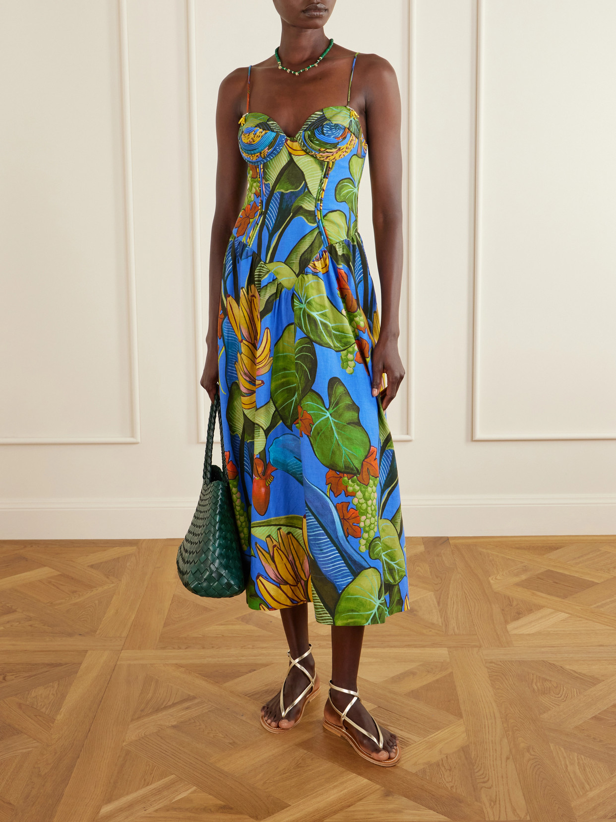 Farm Rio Blue Banana Grapes 3d Bodice Sleeveless Maxi Dress In Multi
