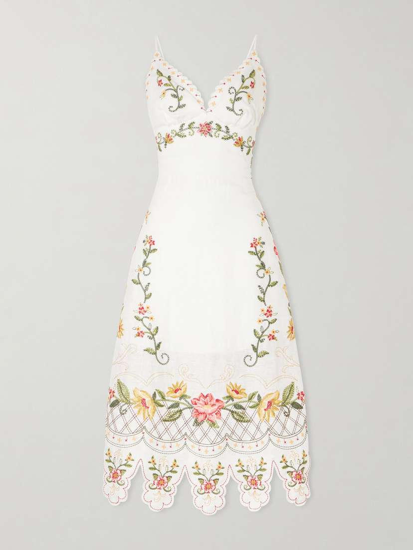 Farm Rio Floral-embroidered Linen Midi Dress