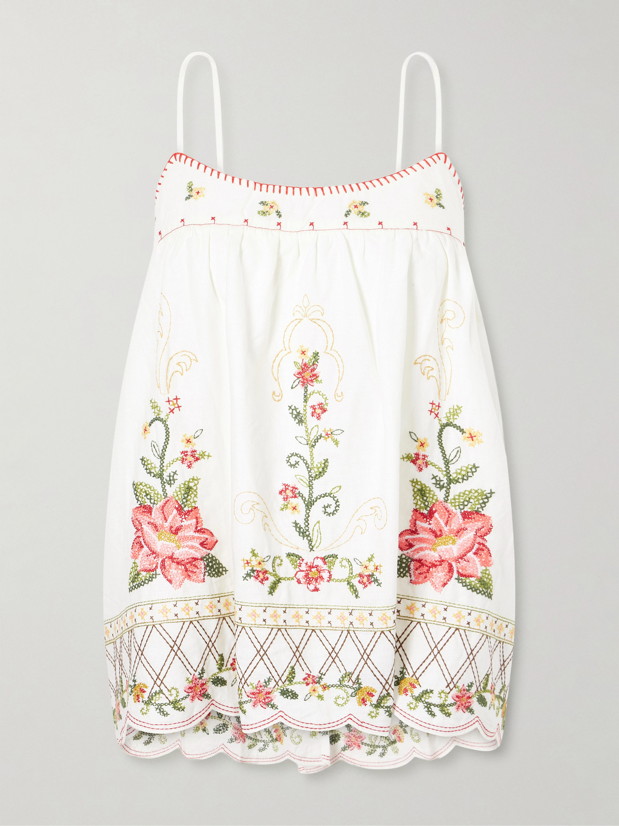 Floral-Embroidered Linen-Blend Cami