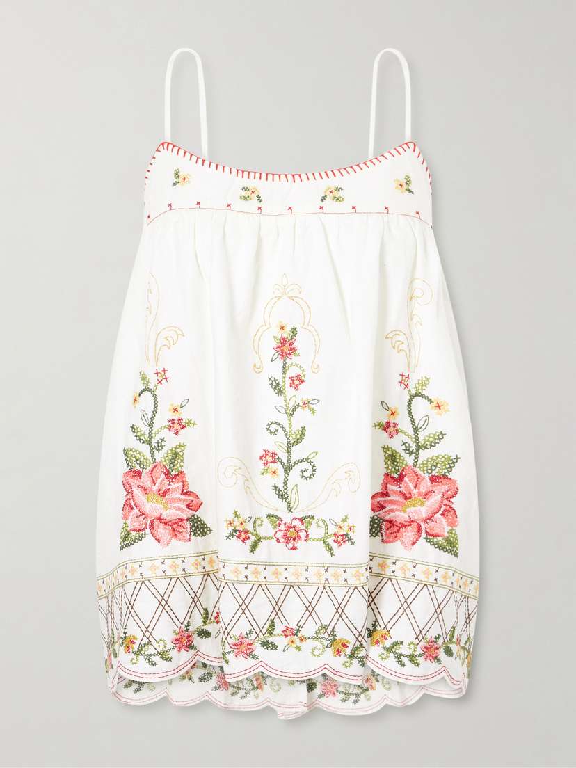 Farm Rio Floral-embroidered Linen-blend Cami