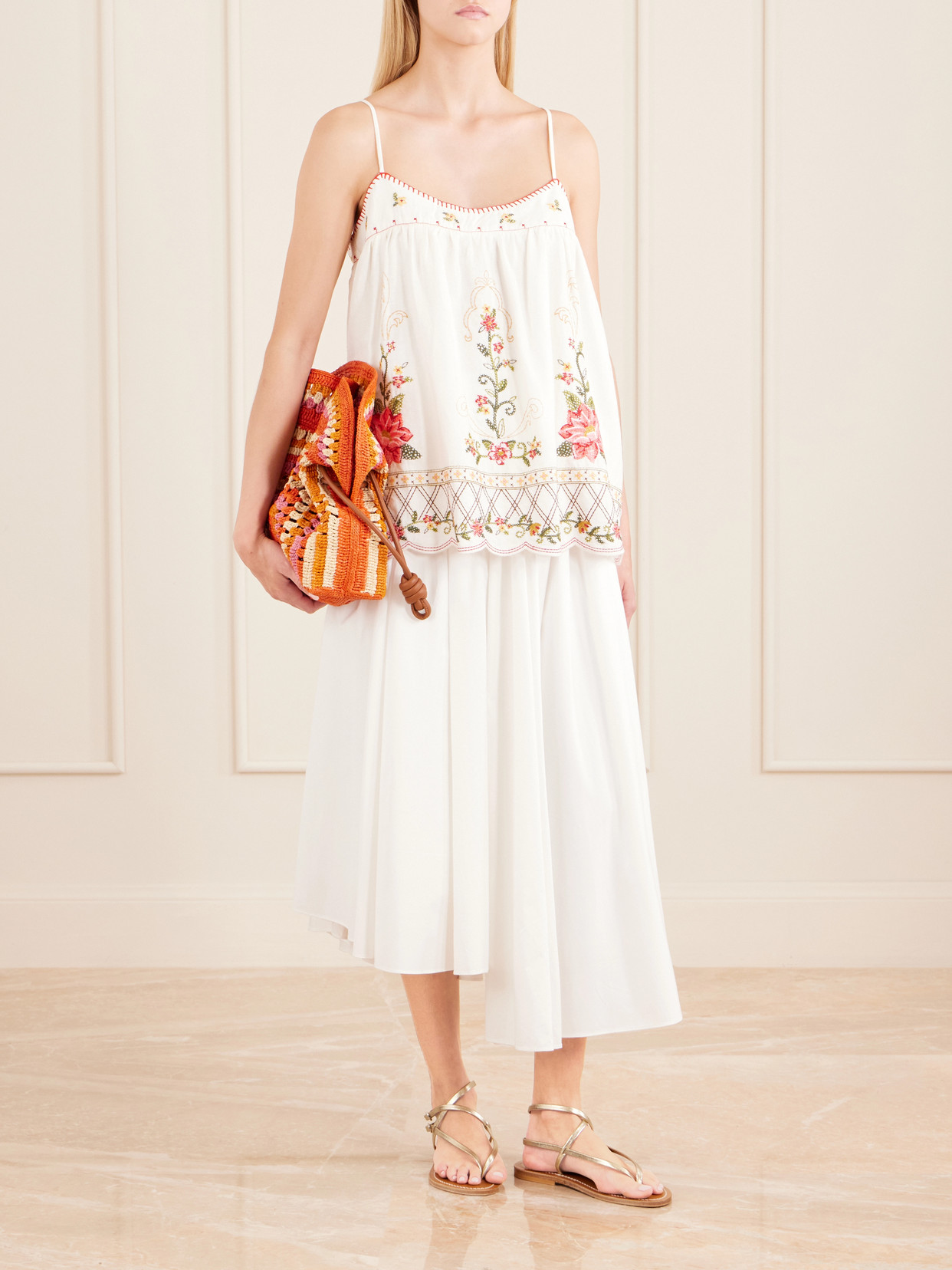 Floral-Embroidered Linen-Blend Cami