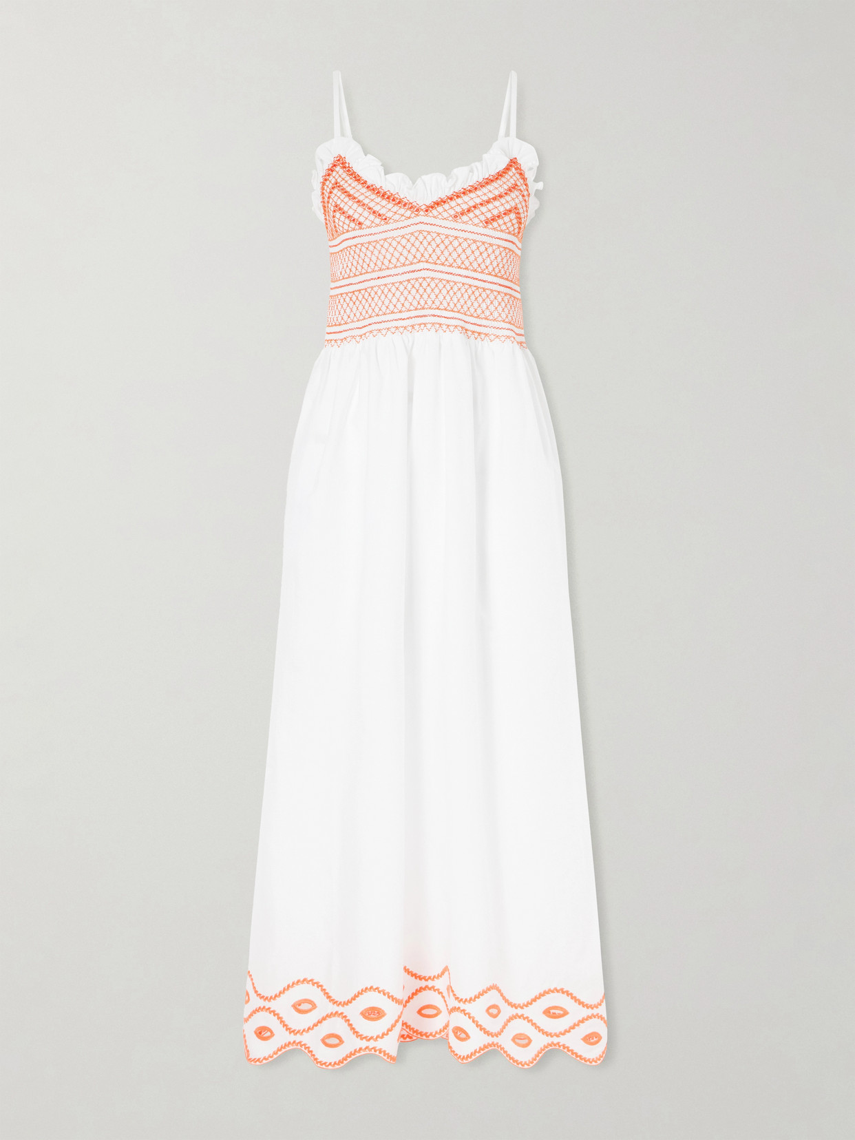 Loretta Caponi Bianca Ruffled Emrboidered Shirred Cotton-poplin Midi Dress In Multi