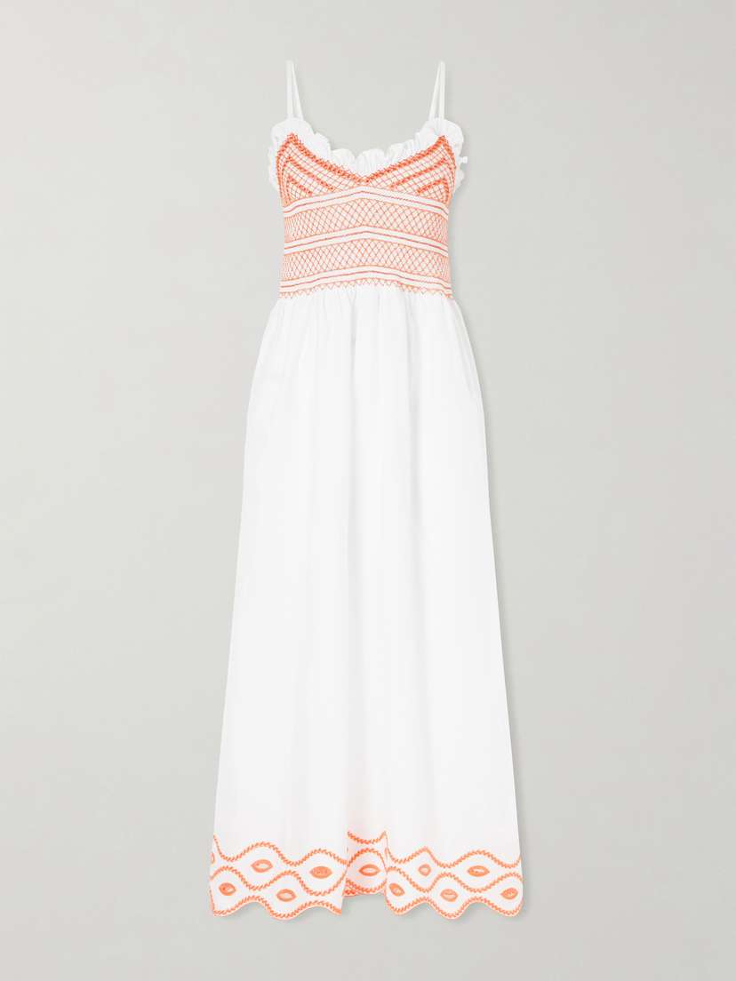 Loretta Caponi Bianca Ruffled Emrboidered Shirred Cotton-poplin Midi Dress