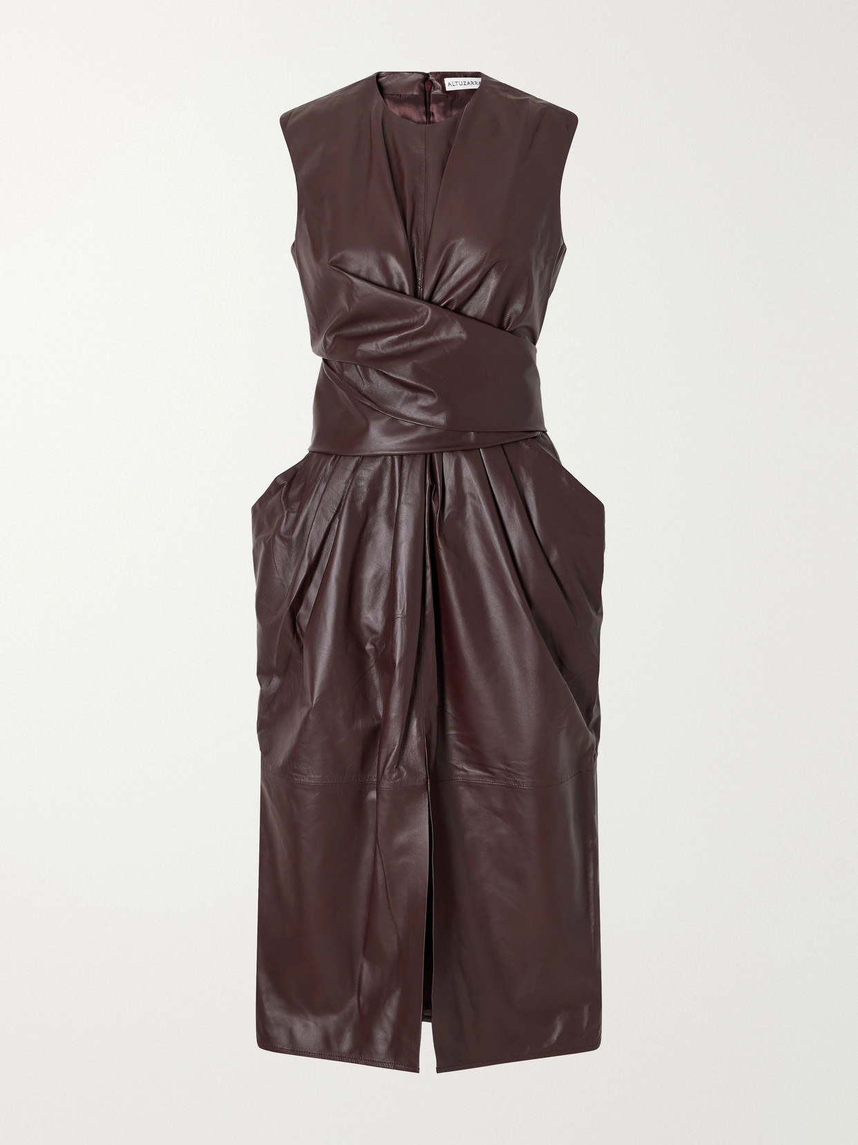 Altuzarra Tippi Gathered Tie-detailed Leather Midi Dress In Burgundy