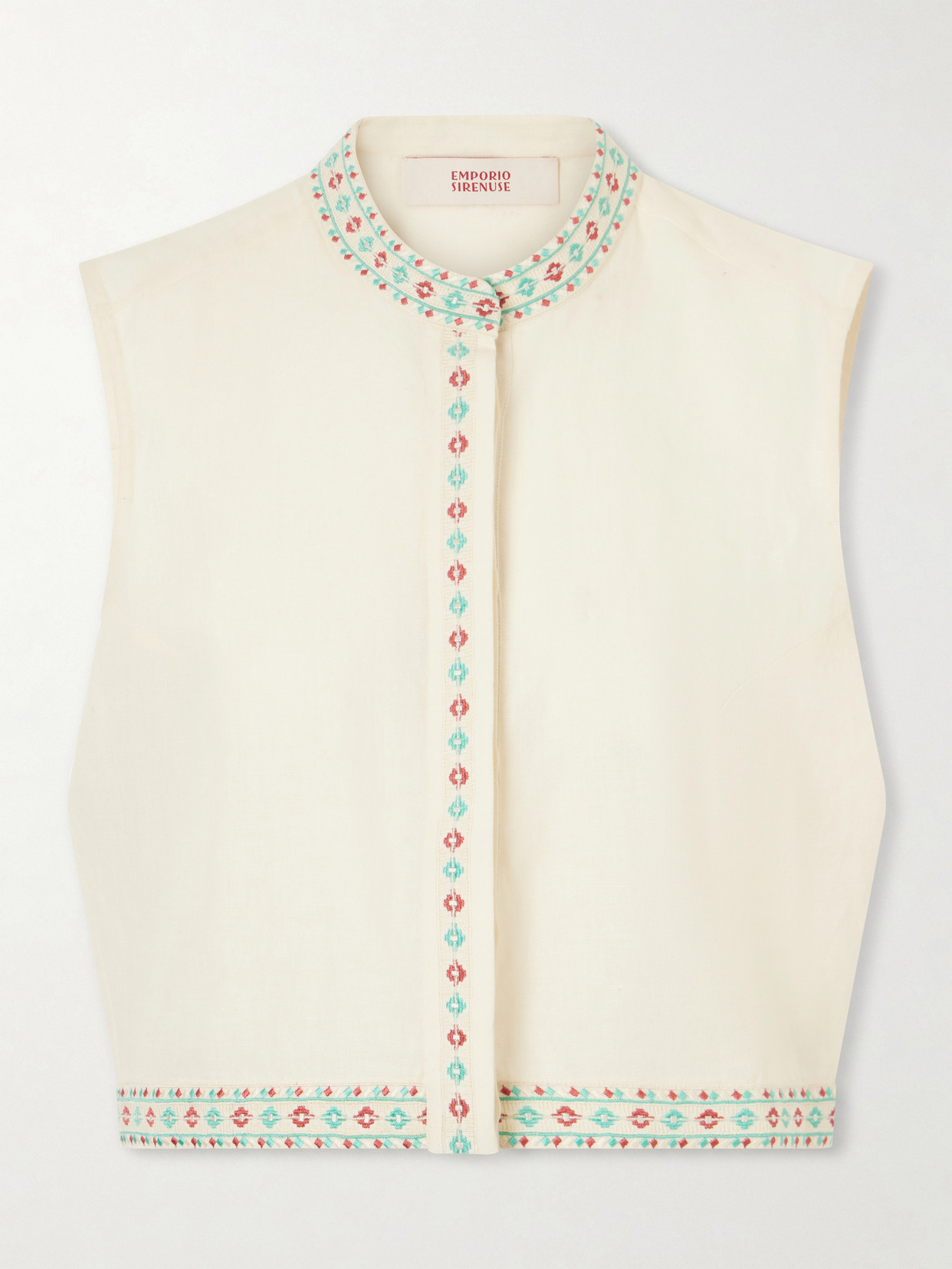 Emporio Sirenuse Andorra Astragal Mare Embroidered Linen And Cotton-blend Top In Neutral