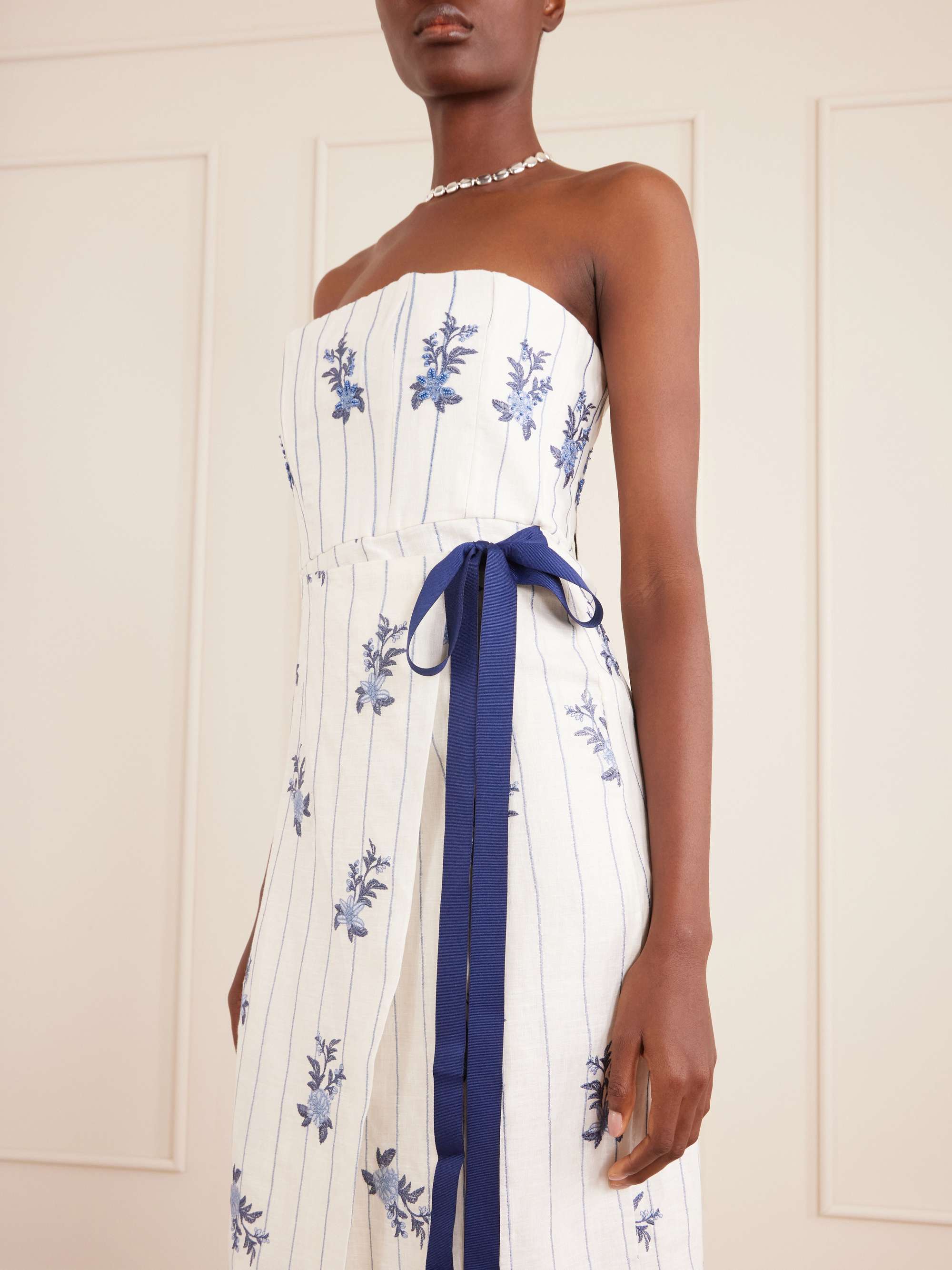 AGUA BY AGUA BENDITA Cinefila striped embellished linen midi dress |  NET-A-PORTER