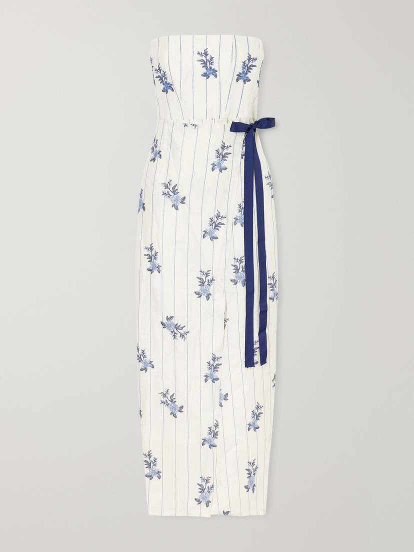 Agua by Agua Bendita Cinefila Striped Embellished Linen Midi Dress