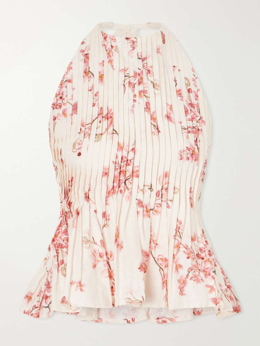 Agua by Agua Bendita Pleated Floral-printed Linen Blouse