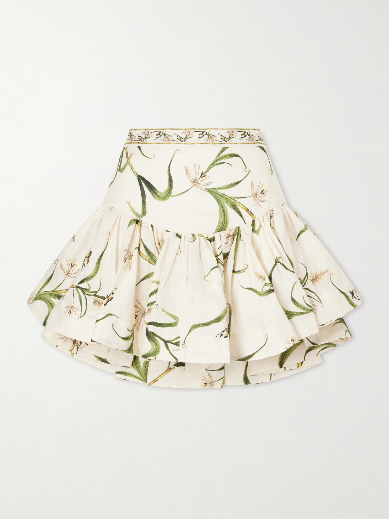 Agua By Agua Bendita Jacarina Ruffled Floral-printed Linen Mini Skirt In Neutral
