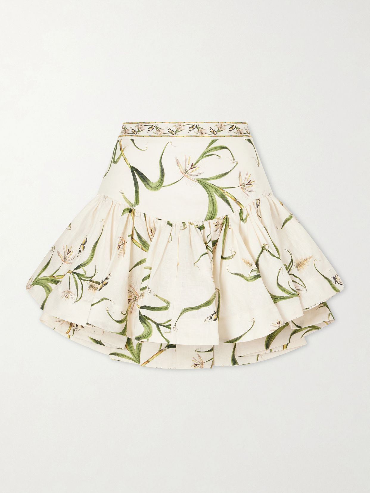 jacarina ruffled floral printed linen mini skirt