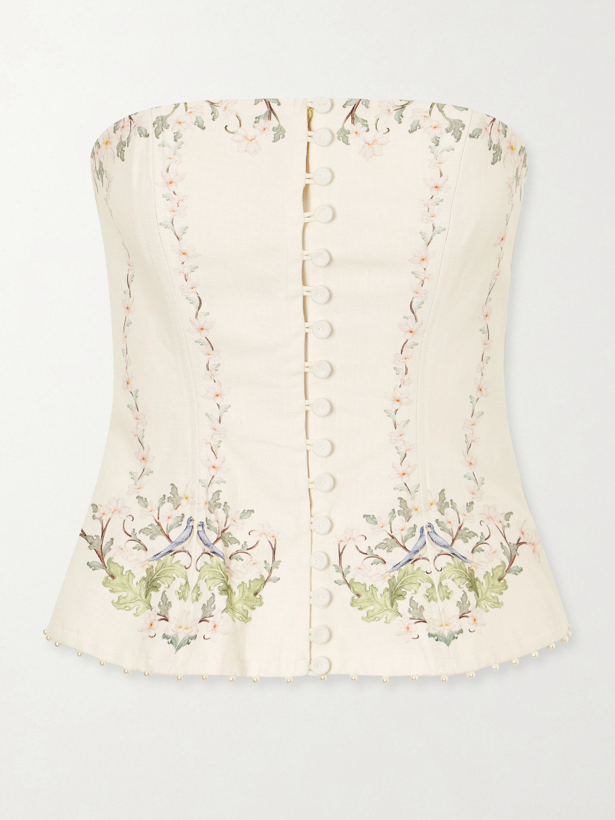 Agua By Agua Bendita Tota Anhelo Embellished Floral-printed Linen Corset Top In Neutral
