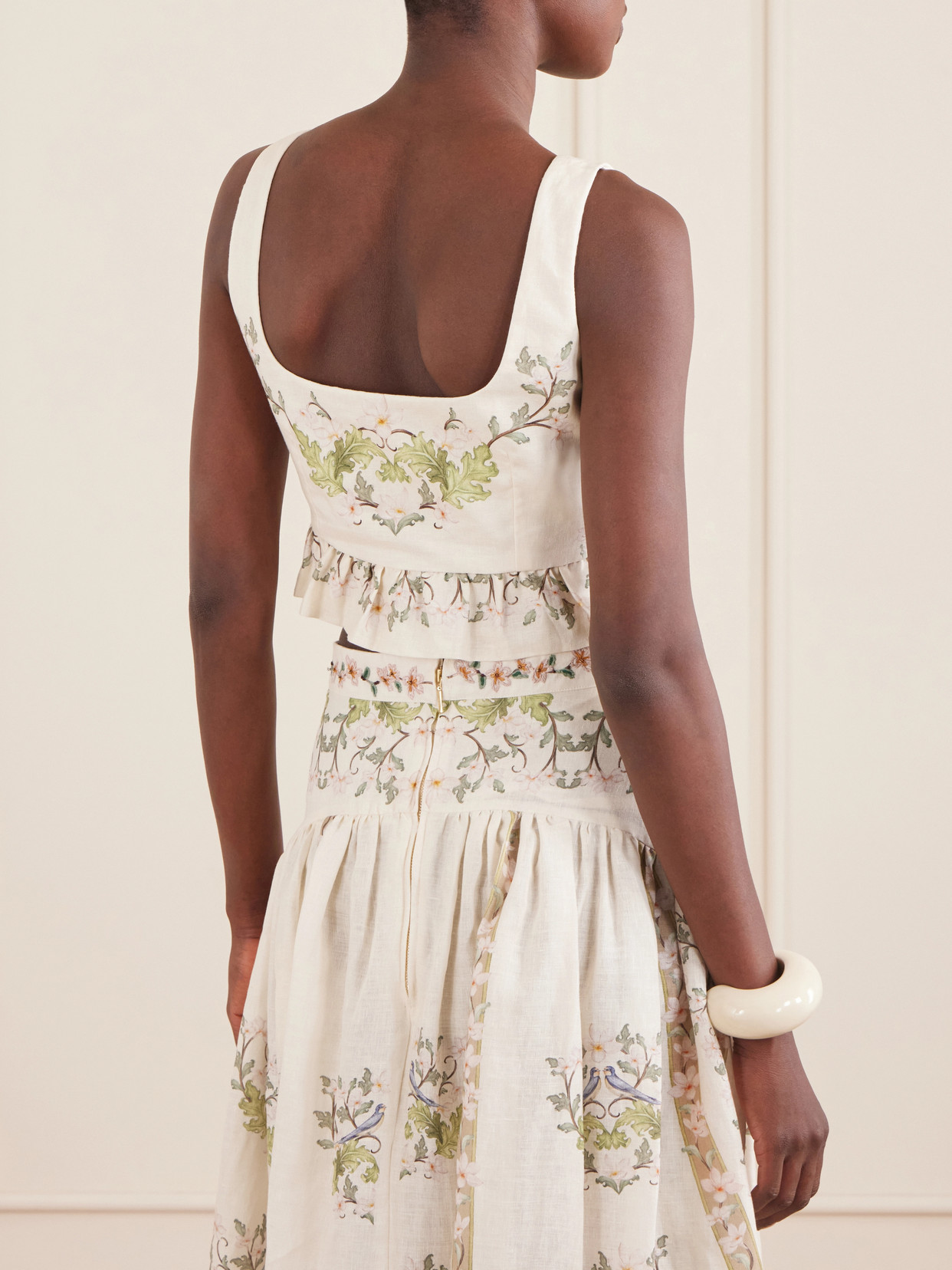 Eslabon Anhelo Floral-Print Button-Embellished Linen Cropped Top