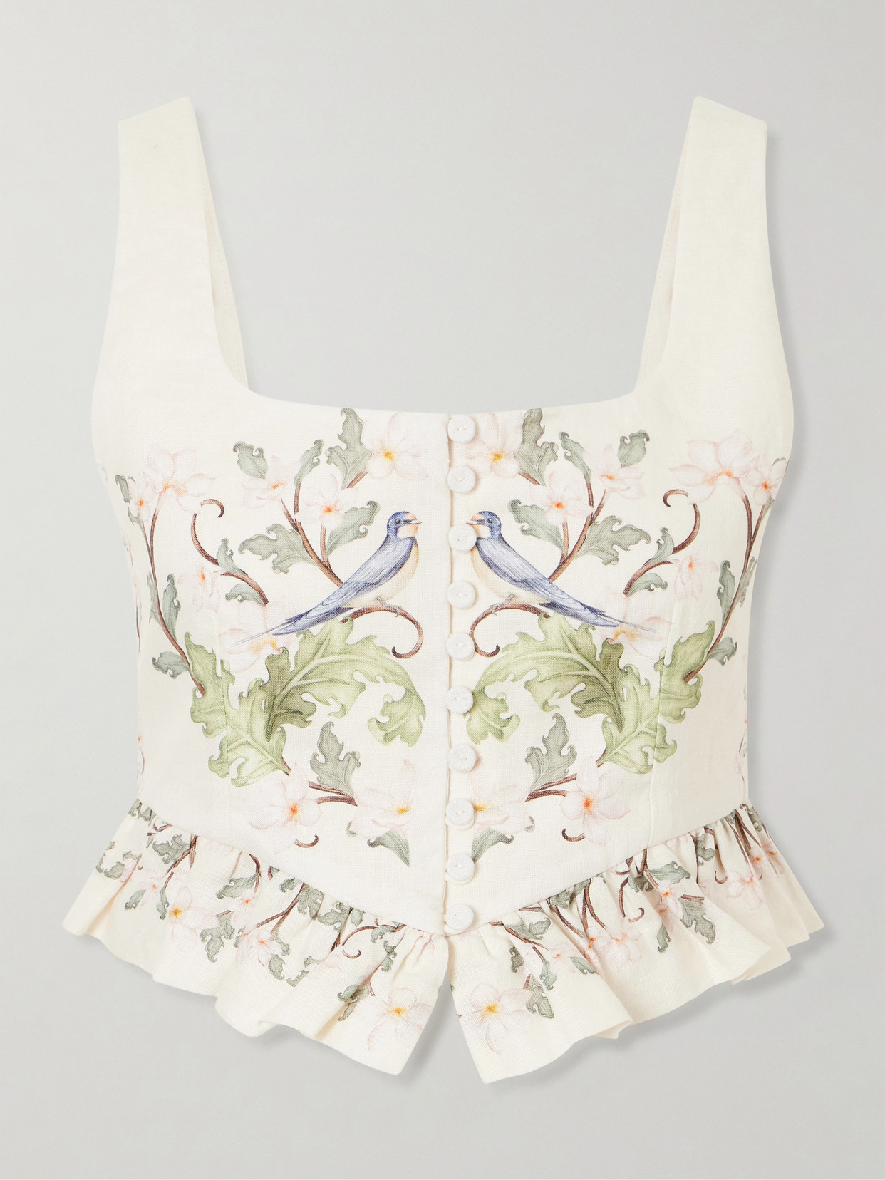 Eslabon Anhelo Floral-Print Button-Embellished Linen Cropped Top