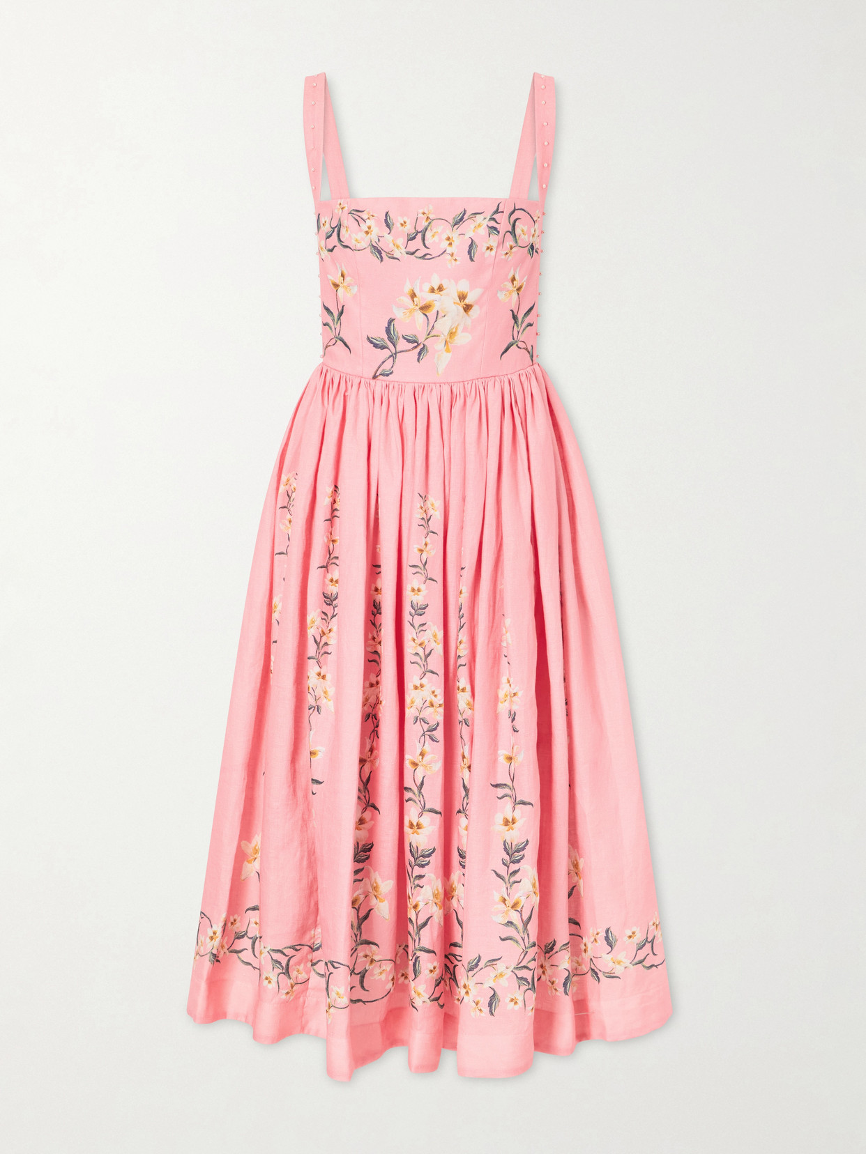 Agua By Agua Bendita Mielero Promesa Bead-embellished Floral-print Linen Midi Dress In Pink