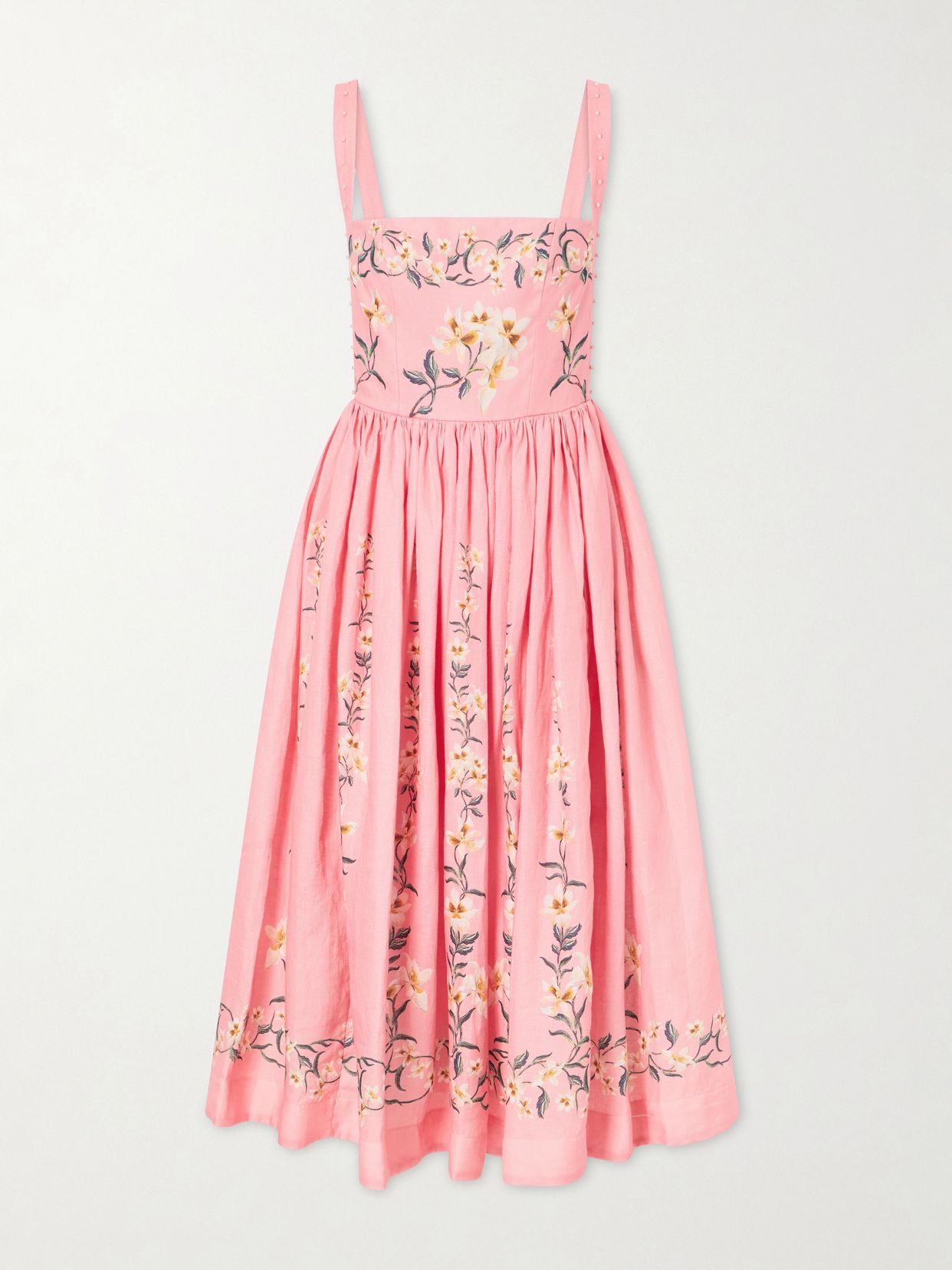 Mielero Promesa bead-embellished floral-print linen midi dress